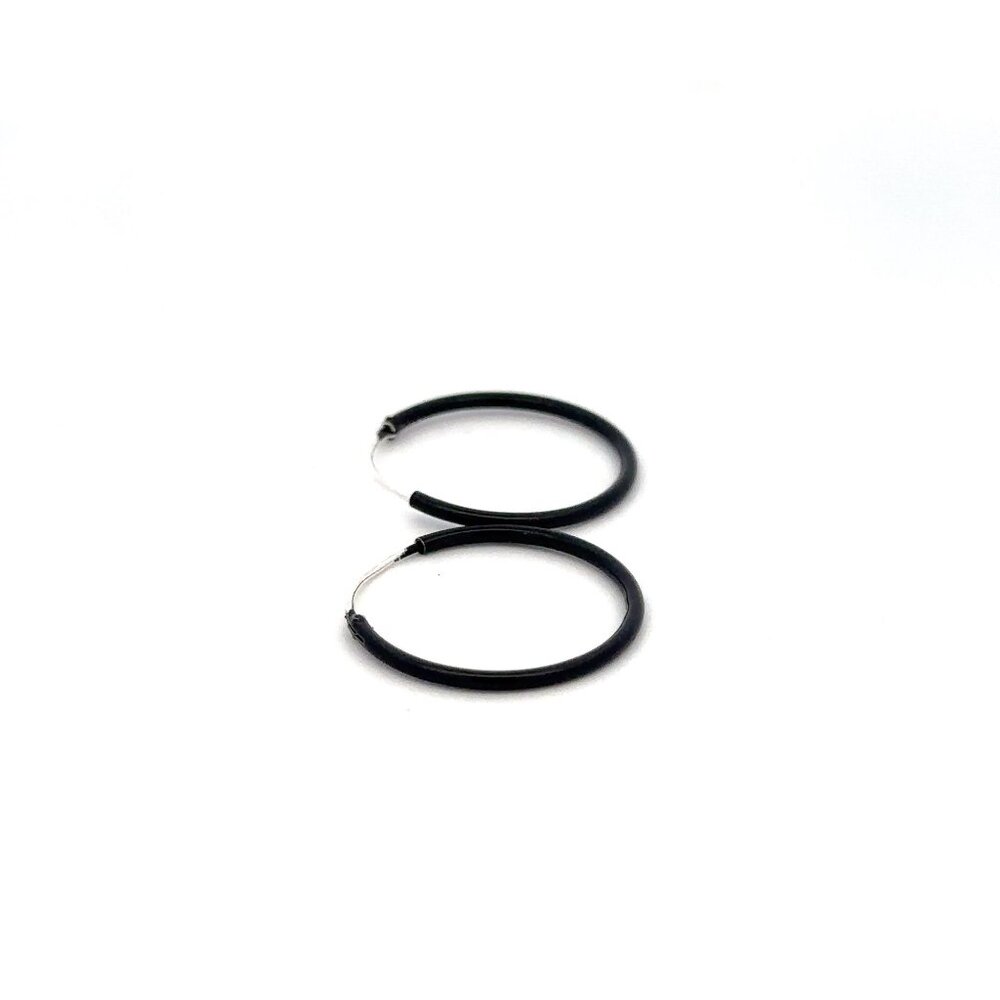 925 Sterling Silver Hoops Black Enamel Earrings - Picture 3 of 5